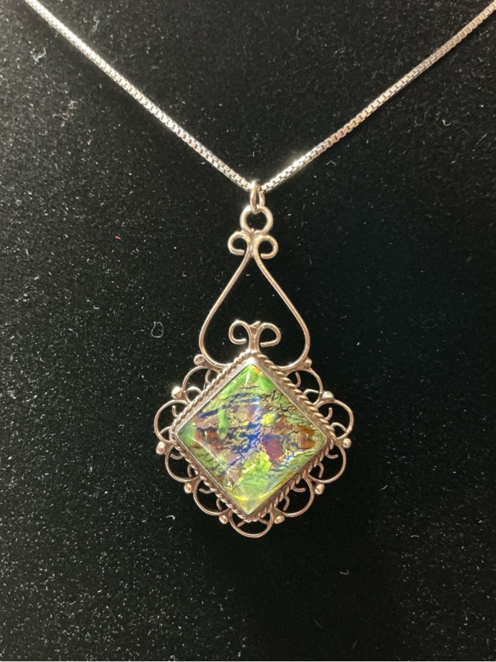 Vintage Art Glass Pendant Necklace on 925 Silver Filigree